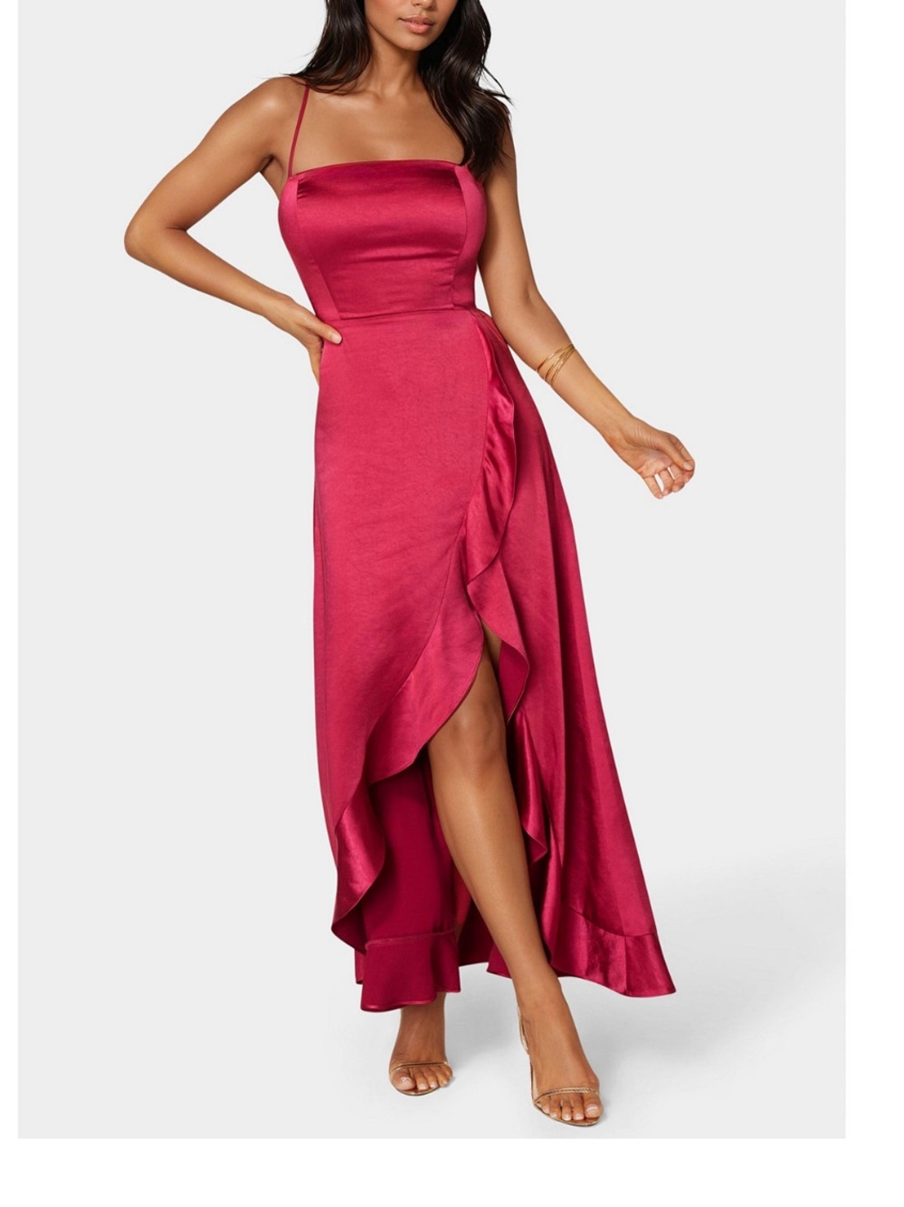 NWT Bebe Satin Rasberry Ruffle Lace Up Back Maxi Dress -Sz XL